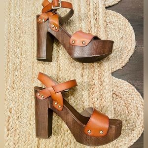 Brown Leather and Gold Block Heel